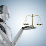cyber law concept with 3d rendering robot hand holding golden law scale