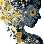 Double exposure portrait of young woman and computer board with golden bitcoins. Golden bitcoin lying on microscheme. Bitcoin mining.