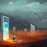 Digital illustration painting design style a boy and football standing in front of devil in mobile phone, against many mobile phone and tablets, kids with technology concept.